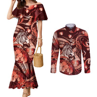 Personalised Maori Romantic Valentine Couples Matching Mermaid Dress and Long Sleeve Button Shirt The Hongi Kiss Red Galaxy