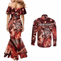 Personalised Maori Romantic Valentine Couples Matching Mermaid Dress and Long Sleeve Button Shirt The Hongi Kiss Red Galaxy