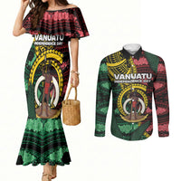 Personalised Vanuatu Independence Day Couples Matching Mermaid Dress and Long Sleeve Button Shirt Boar Tusk Warrior Tribal Floral Patterns DT05 Multicolor - Polynesian Pride