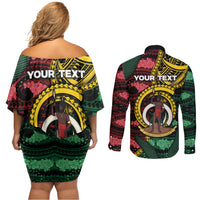 Personalised Vanuatu Independence Day Couples Matching Off Shoulder Short Dress and Long Sleeve Button Shirt Boar Tusk Warrior Tribal Floral Patterns