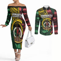 Personalised Vanuatu Independence Day Couples Matching Off The Shoulder Long Sleeve Dress and Long Sleeve Button Shirt Boar Tusk Warrior Tribal Floral Patterns DT05 Multicolor - Polynesian Pride