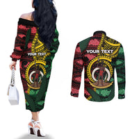 Personalised Vanuatu Independence Day Couples Matching Off The Shoulder Long Sleeve Dress and Long Sleeve Button Shirt Boar Tusk Warrior Tribal Floral Patterns