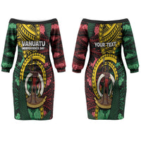 Personalised Vanuatu Independence Day Couples Matching Off The Shoulder Long Sleeve Dress and Long Sleeve Button Shirt Boar Tusk Warrior Tribal Floral Patterns DT05 - Polynesian Pride