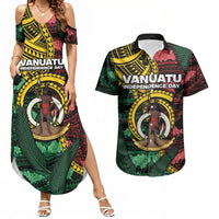 Personalised Vanuatu Independence Day Couples Matching Summer Maxi Dress and Hawaiian Shirt Boar Tusk Warrior Tribal Floral Patterns DT05 Multicolor - Polynesian Pride