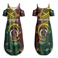 Personalised Vanuatu Independence Day Couples Matching Summer Maxi Dress and Long Sleeve Button Shirt Boar Tusk Warrior Tribal Floral Patterns DT05 - Polynesian Pride