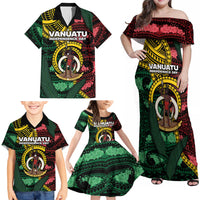 Personalised Vanuatu Independence Day Family Matching Off Shoulder Maxi Dress and Hawaiian Shirt Boar Tusk Warrior Tribal Floral Patterns