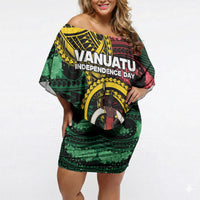 Personalised Vanuatu Independence Day Off Shoulder Short Dress Boar Tusk Warrior Tribal Floral Patterns DT05 Women Multicolor - Polynesian Pride