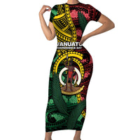 Personalised Vanuatu Independence Day Short Sleeve Bodycon Dress Boar Tusk Warrior Tribal Floral Patterns