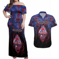 Personalised Guam Couples Matching Off Shoulder Maxi Dress and Hawaiian Shirt Chamorro Seal Tribal Scratch Design - Polynesian Pride