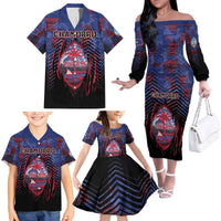 Personalised Guam Family Matching Off The Shoulder Long Sleeve Dress and Hawaiian Shirt Chamorro Seal Tribal Scratch Design - Polynesian Pride