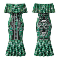 Aotearoa Ngati Awa Couples Matching Mermaid Dress and Long Sleeve Button Shirt Maori Tribal Green Marble Paua Shell Pattern