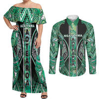 Aotearoa Ngati Awa Couples Matching Off Shoulder Maxi Dress and Long Sleeve Button Shirt Maori Tribal Green Marble Paua Shell Pattern