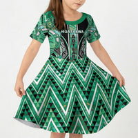 Aotearoa Ngati Awa Kid Short Sleeve Dress Maori Tribal Green Marble Paua Shell Pattern