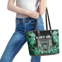 Aotearoa Ngati Awa Leather Tote Bag Maori Tribal Green Marble Paua Shell Pattern