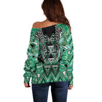 Aotearoa Ngati Awa Off Shoulder Sweater Maori Tribal Green Marble Paua Shell Pattern