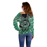 Aotearoa Ngati Awa Off Shoulder Sweater Maori Tribal Green Marble Paua Shell Pattern