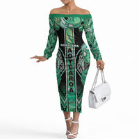 Aotearoa Ngati Awa Off The Shoulder Long Sleeve Dress Maori Tribal Green Marble Paua Shell Pattern