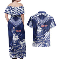 Personalised Samoa Rugby Couples Matching Off Shoulder Maxi Dress and Hawaiian Shirt Pacific Warrior Glory - Polynesian Pride