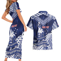 Personalised Samoa Rugby Couples Matching Short Sleeve Bodycon Dress and Hawaiian Shirt Pacific Warrior Glory - Polynesian Pride
