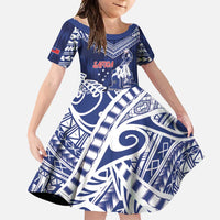 Personalised Samoa Rugby Family Matching Off Shoulder Maxi Dress and Hawaiian Shirt Pacific Warrior Glory DT05 Daughter's Dress Navy - Polynesian Pride