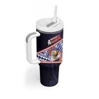 Personalized American Samoa Tumbler With Handle Bald Eagle With Polynesian Pattern - Polynesian Pride