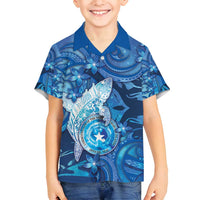 Personalised Northern Mariana Islands Family Matching Long Sleeve Bodycon Dress and Hawaiian Shirt Galaxy Polynesian Shark Tattoo DT05 Son's Shirt Blue - Polynesian Pride