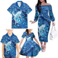 Personalised Northern Mariana Islands Family Matching Off The Shoulder Long Sleeve Dress and Hawaiian Shirt Galaxy Polynesian Shark Tattoo - Polynesian Pride