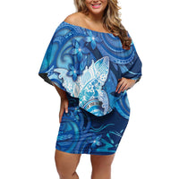 Personalised Northern Mariana Islands Off Shoulder Short Dress Galaxy Polynesian Shark Tattoo DT05 Women Blue - Polynesian Pride