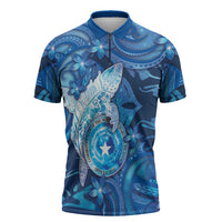 Personalised Northern Mariana Islands Zipper Polo Shirt Galaxy Polynesian Shark Tattoo DT05 Blue - Polynesian Pride