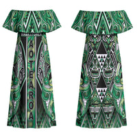 Aotearoa Whakatohea Couples Matching Off Shoulder Maxi Dress and Hawaiian Shirt Maori Tribal Green Abalone Paua Shell Pattern DT05 - Polynesian Pride