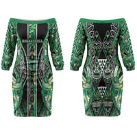 Aotearoa Whakatohea Couples Matching Off The Shoulder Long Sleeve Dress and Hawaiian Shirt Maori Tribal Green Abalone Paua Shell Pattern DT05 - Polynesian Pride