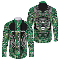 Aotearoa Whakatohea Family Matching Off The Shoulder Long Sleeve Dress and Hawaiian Shirt Maori Tribal Green Abalone Paua Shell Pattern DT05 Dad's Shirt - Long Sleeve Green - Polynesian Pride