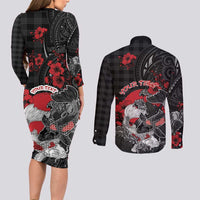 Personalised Hawaiian And Japanese Couples Matching Long Sleeve Bodycon Dress and Long Sleeve Button Shirt Aloha Koi Fish Palaka Patterns - Polynesian Pride