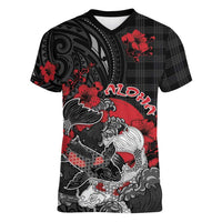 Personalised Hawaiian And Japanese Women V-Neck T-Shirt Aloha Koi Fish Palaka Patterns DT05 Female Black - Polynesian Pride