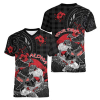 Personalised Hawaiian And Japanese Women V-Neck T-Shirt Aloha Koi Fish Palaka Patterns DT05 - Polynesian Pride