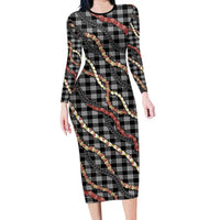 Hawaii Palaka Niihau Shell Lei Long Sleeve Bodycon Dress Tropical Island Plaid Patterns DT05 Long Dress Black - Polynesian Pride