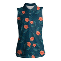 Hawaii Monstera Women Sleeveless Polo Shirt Hibiscus Flowers Simple Style DT05 Female Dark Teal - Polynesian Pride