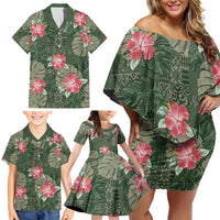 Hawaii Family Matching Off Shoulder Short Dress and Hawaiian Shirt Green Polynesian Monstera Patterns - Polynesian Pride