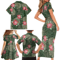Hawaii Family Matching Short Sleeve Bodycon Dress and Hawaiian Shirt Green Polynesian Monstera Patterns - Polynesian Pride