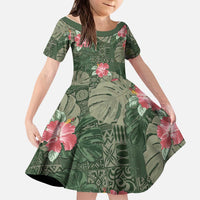 Hawaii Kid Short Sleeve Dress Green Polynesian Monstera Patterns - Polynesian Pride