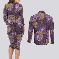 Hawaii Couples Matching Long Sleeve Bodycon Dress and Long Sleeve Button Shirt Purple Polynesian Monstera Patterns - Polynesian Pride
