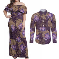 Hawaii Couples Matching Off Shoulder Maxi Dress and Long Sleeve Button Shirt Purple Polynesian Monstera Patterns - Polynesian Pride