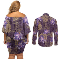 Hawaii Couples Matching Off Shoulder Short Dress and Long Sleeve Button Shirt Purple Polynesian Monstera Patterns - Polynesian Pride