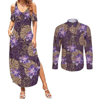 Hawaii Couples Matching Summer Maxi Dress and Long Sleeve Button Shirt Purple Polynesian Monstera Patterns - Polynesian Pride