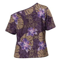 Hawaii Cross Shoulder Shirt Purple Polynesian Monstera Patterns - Polynesian Pride