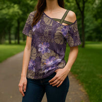 Hawaii Cross Shoulder Shirt Purple Polynesian Monstera Patterns - Polynesian Pride