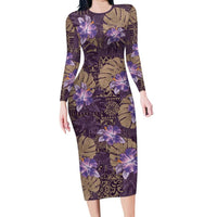 Hawaii Family Matching Long Sleeve Bodycon Dress and Hawaiian Shirt Purple Polynesian Monstera Patterns - Polynesian Pride