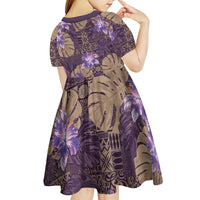 Hawaii Kid Short Sleeve Dress Purple Polynesian Monstera Patterns - Polynesian Pride
