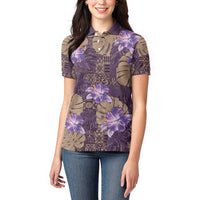 Hawaii Women Polo Shirt Purple Polynesian Monstera Patterns - Polynesian Pride