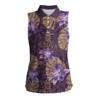 Hawaii Women Sleeveless Polo Shirt Purple Polynesian Monstera Patterns - Polynesian Pride